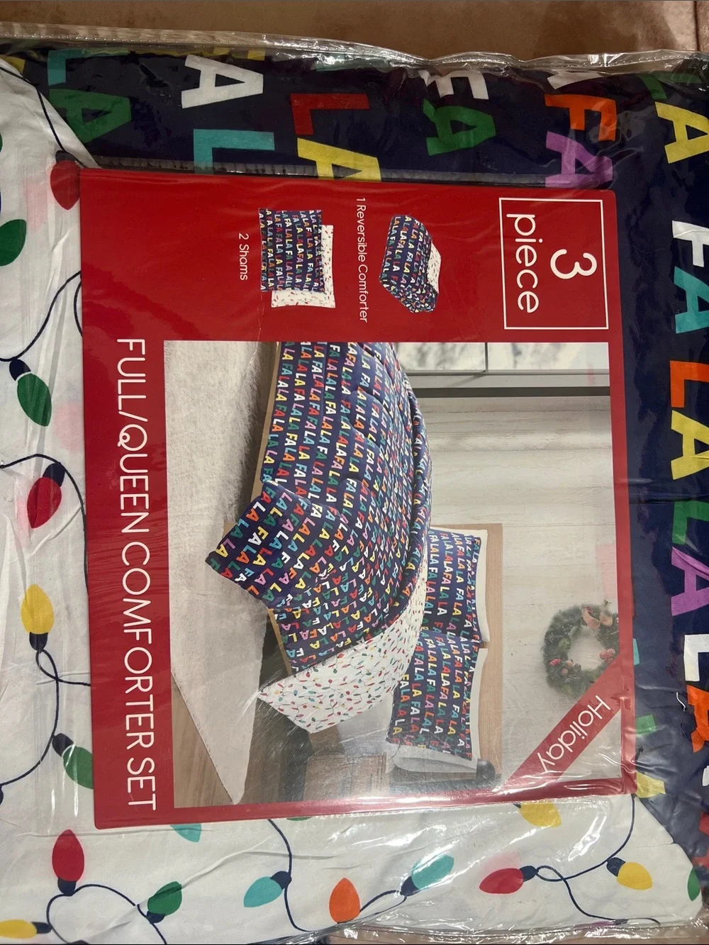 Full/Queen Reversible Comforter Set - Multicolor Holiday Lights Design